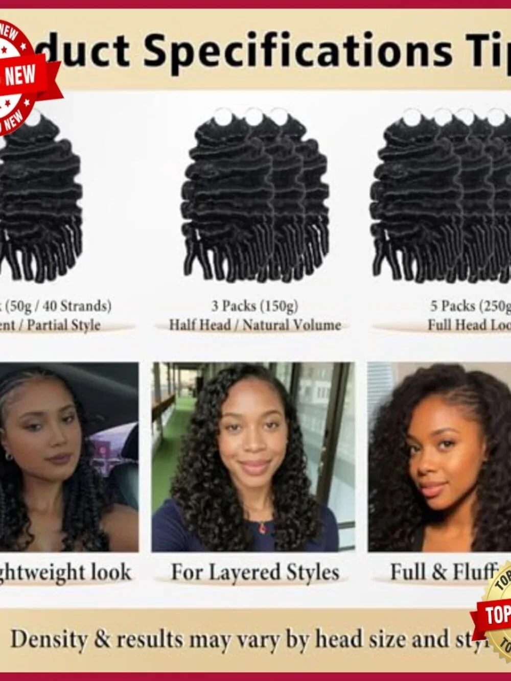 16 Inch Curly Human Hair Extensions, Pre-Separated Knotless Crochet, 50g